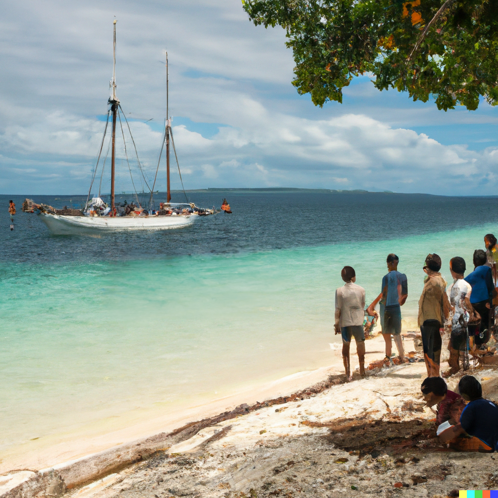 Tropical beach with villagers waiting for a boat. A sailboat named Horizon Seeker is anchored offshore.