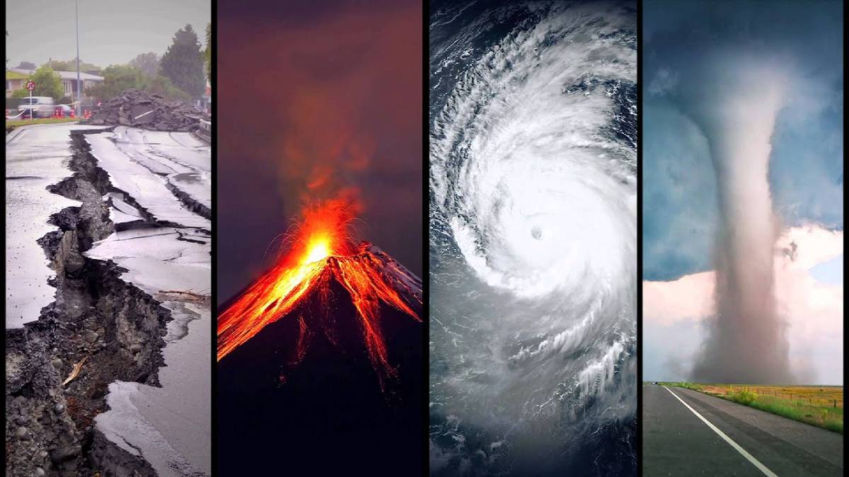 4 images of natural disasters, earthquake, volcano, hurricane, tornado